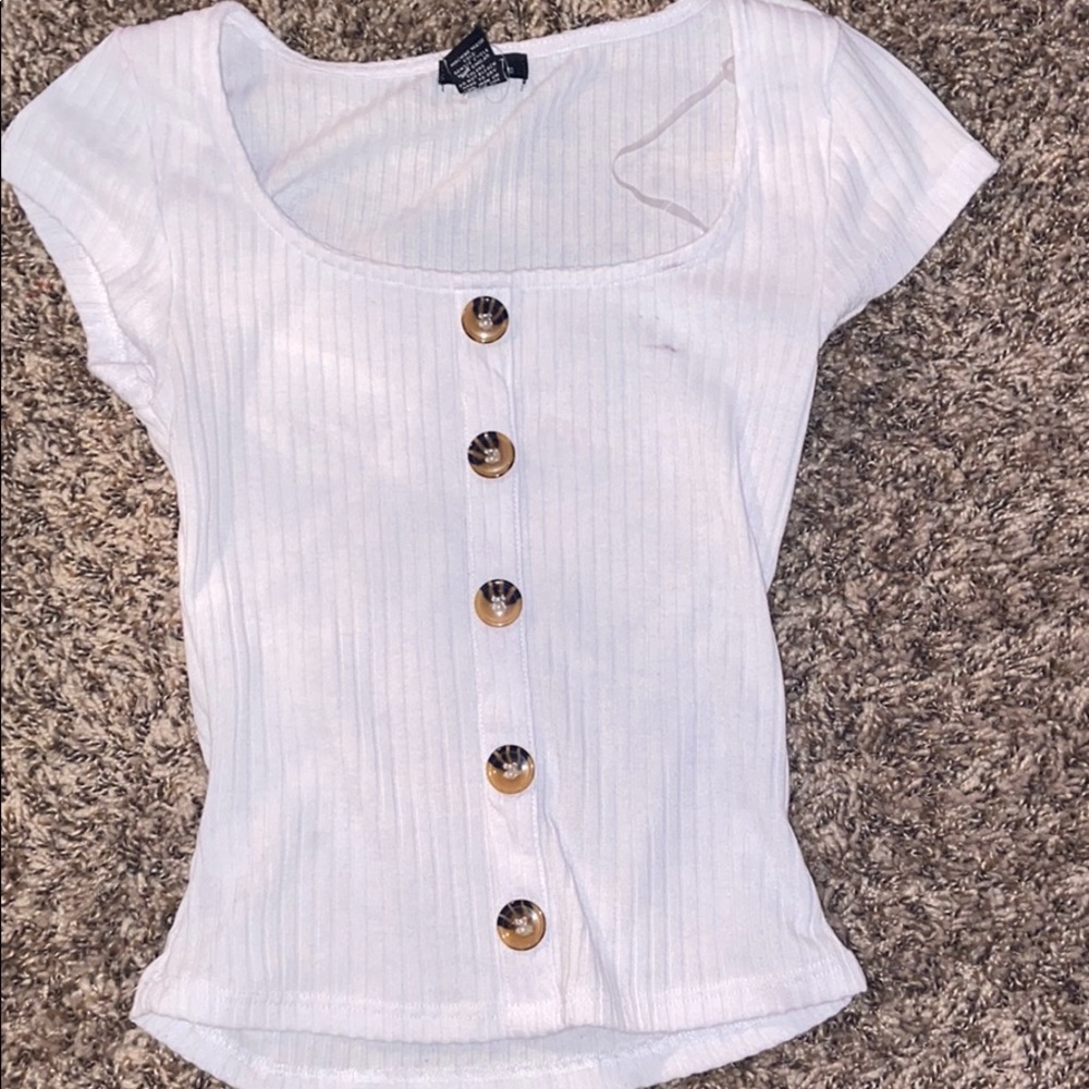 white crop tee with buttons
